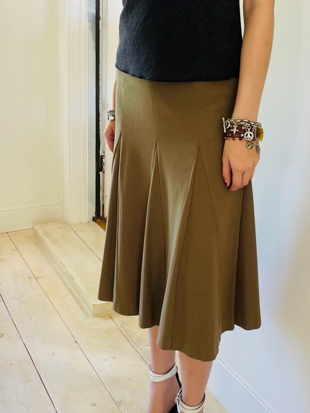 Prada Olive A-Line Midi Skirt with Fluted Panels